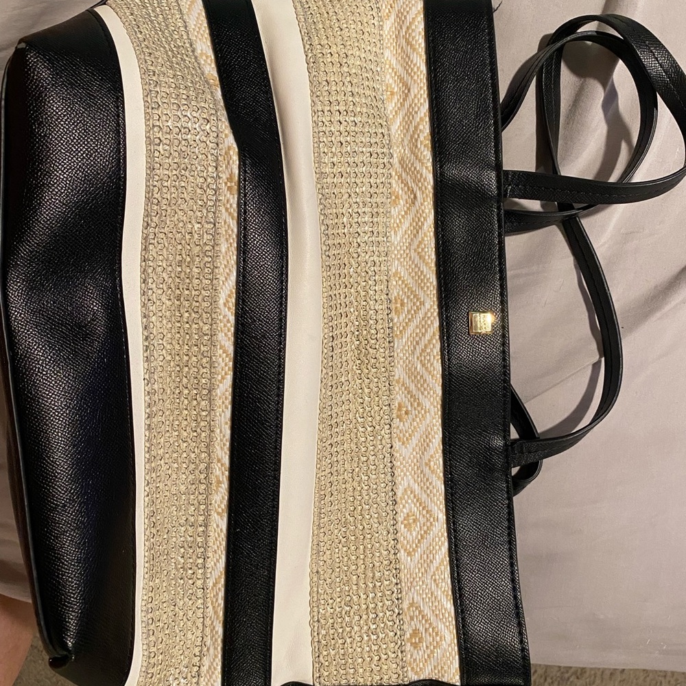 KATE LANDRY Striped Multiple Material Handbag Tote Size XL Blk/Wht/Si  KLPR14-20